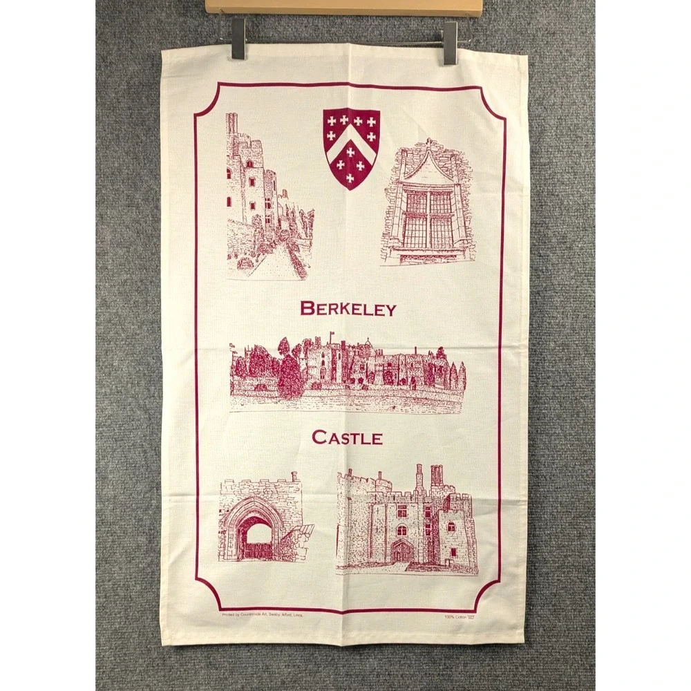 Vintage Berkeley Castle Souvenir Tea Towel Countryside Art England Cotton Red